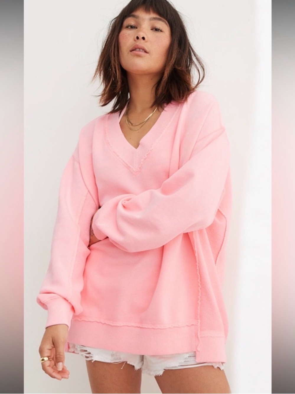 Aerie Vacay Every Day V-Neck Sweatshirt Size Large in Pink